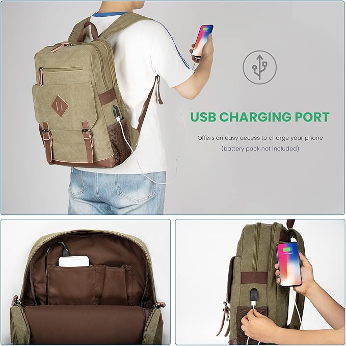 Modoker Eco-Friendly Vintage Backpack for Men Women, Canvas Bookpack Fits Most 15.6 Inches Computer and Tablets, Rucksack Backpack with USB Charging Port, Army Green