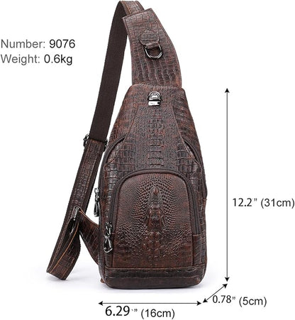 NIUCUNZH Crocodile Leather Sling Bag with Leather Strap, 3 Zipper Crossbody Shoulder Bags for Travel Hike Everyday Carry