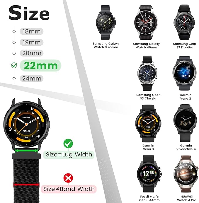 22mm Nylon Quick Release Watch Band Compatible with Samsung Galaxy Watch 3 45mm/Gear S3 Frontier/Garmin Venu 4 45mm/3 45mm/2/Vivoactive 4/Forerunner 570(47mm)/255/265/Amazfit Helio/Bip 6/5/Balance 2