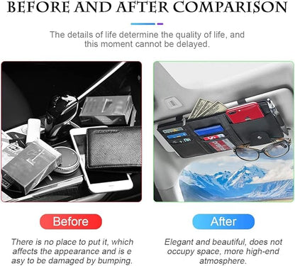 XINLIYA Car Sun Visor Organizer, Leather Storage Pocket Sun Visor Pouch with Zipper for Cards License Registration Pen Glasses Document, Fits Most Car SUV, Auto Interior Accessories (Blue)