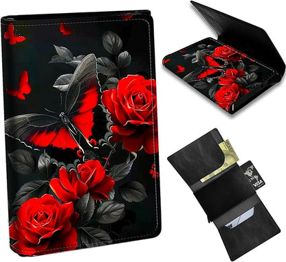 Minimalist Wallet for Men's Card Holders, Pop-Up Card Case Durable Wallets for Women, Leather Automatic Credit Card Holder with Metal Money Clip RFID Blocking Bifold Pocket, Red Rose Butterfly