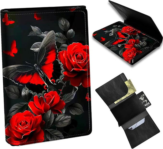 Minimalist Wallet for Men's Card Holders, Pop-Up Card Case Durable Wallets for Women, Leather Automatic Credit Card Holder with Metal Money Clip RFID Blocking Bifold Pocket, Red Rose Butterfly