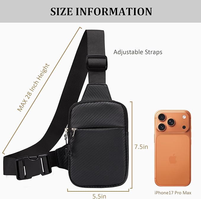 Mini Crossbody Sling Bag, PU Leather Chest Bag with 3 dimensional Woven Pattern, Dual Pocket Water Resistant Fanny Pack, Running Phone Holder for Men Women Workout Travelling(Black Carbon Fiber)