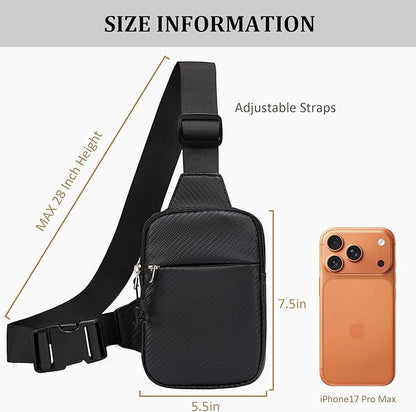Mini Crossbody Sling Bag, PU Leather Chest Bag with 3 dimensional Woven Pattern, Dual Pocket Water Resistant Fanny Pack, Running Phone Holder for Men Women Workout Travelling(Black Carbon Fiber)