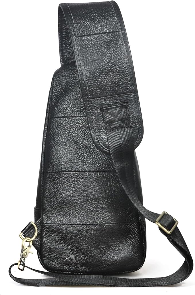 Water Resistant Canvas + Leather Hiking Travel DayPack Sling Crossbody Triangle Chest Pack Bag For Men Women FB8013 (100% Genuine Leather-8015-C-Black)