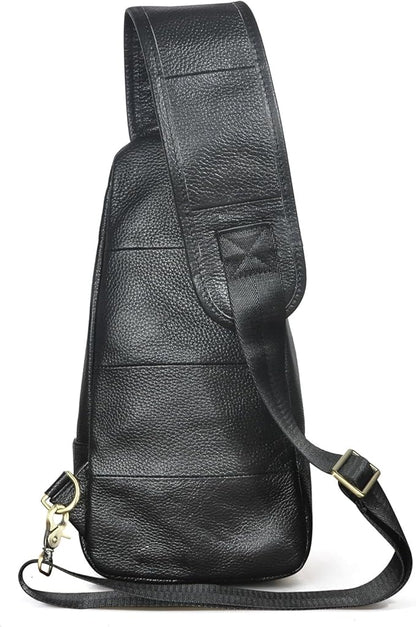 Water Resistant Canvas + Leather Hiking Travel DayPack Sling Crossbody Triangle Chest Pack Bag For Men Women FB8013 (100% Genuine Leather-8015-C-Black)