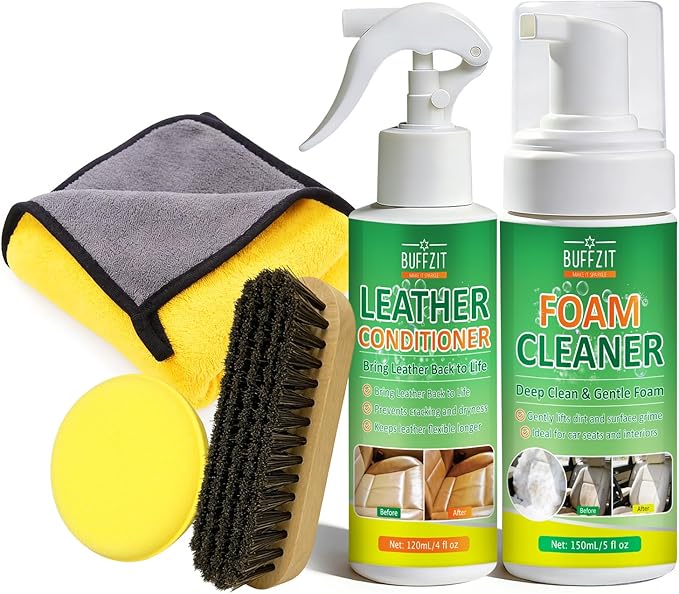 Leather Cleaner and Conditioner Kit – Car Leather Cleaning and Care Kit for Synthetic & Faux Leather, Cleans, Conditions & Protects Automotive Interior, Furniture, Shoes & Boots – 5 Piece Set