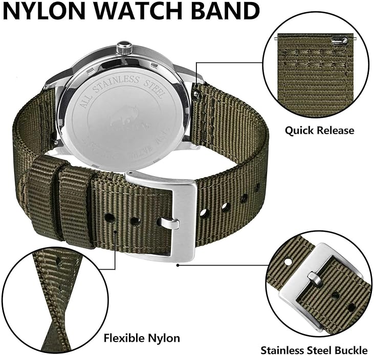 BISONSTRAP Men’s Nylon Watch Bands, Two-Piece Military Watch Straps, Quick Release, Brushed Buckle, Band Width 18mm 19mm 20mm 22mm