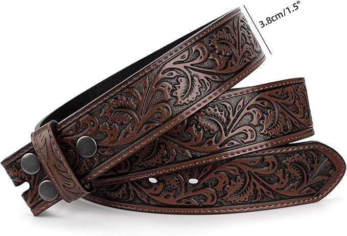 TRIWORKS Western Belt Strap for Men without Buckle 1.5" Wide Floral Engraved Embossed Leather Belt Strap