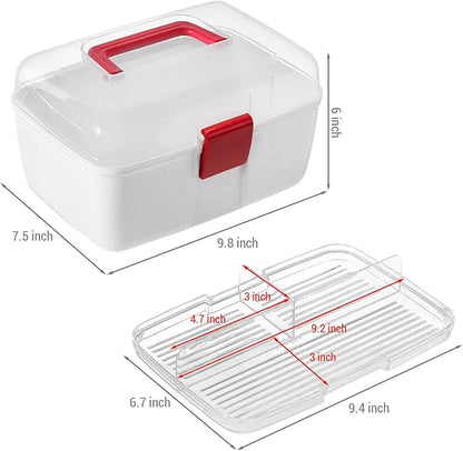MyGift 10 Inch Multipurpose Portable White Plastic Storage Box with Removable Tray, Clear Lid and and Red Handle and Latch Lock, Home First Aid Storage Tool Box Sewing Kit Organizer Carrying Case