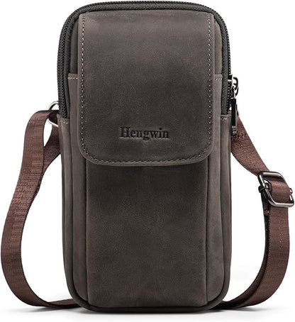 Hengwin Leather Men Cell Phone Holster Wallet Case with Belt Clip Travel Messenger Bag Waist Pouch Crossbody Purse Fit for iPhone 16 Pro Max 15 Pro Max 14 Pro Max Samsung Galaxy S25 Ultra S24+ (Grey)