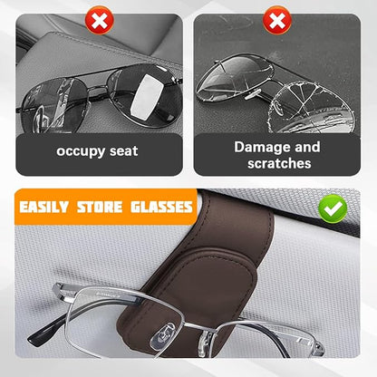Sunglasses Holder for Car Visor, Microfiber Leather Magnetic Sun Visor Eyeglasses Hanger & Ticket Card Clip, Multi-Function Automotive Interior Glasses Mount, Universal Fit (Brown)