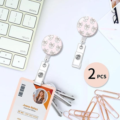 2 Pack Badge Reels Holder Retractable with ID Clip for Nurse Name Tag Card Nursing for Doctor Teacher Student Employee Office Medical Work (Coquette Pink Bow)
