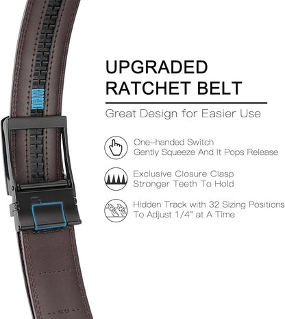 GAEKEAO Ratchet Belt for Men Genuine Leather 1 3/8" - Micro-Adjust Buckle Trim to Fit Dress Belt Casual to Formal Gift Boxed