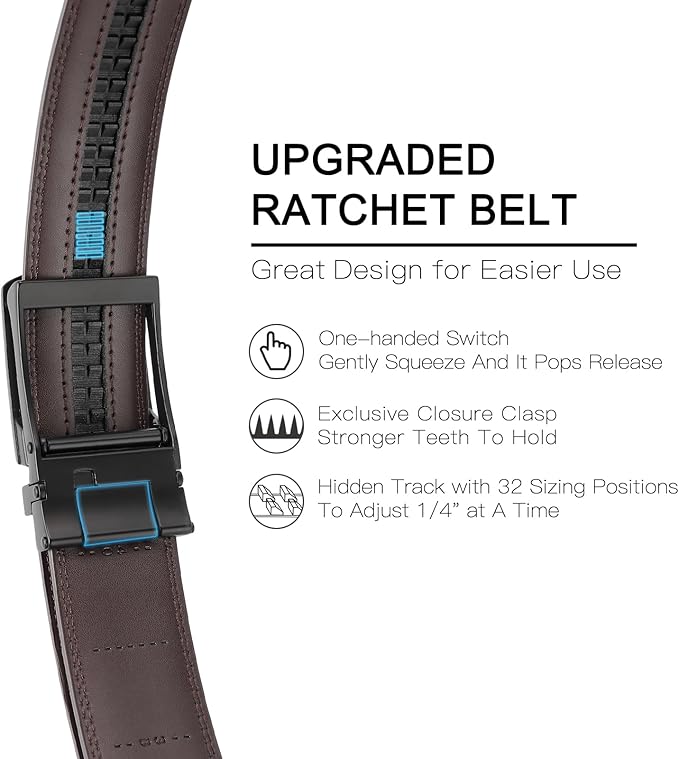 GAEKEAO Ratchet Belt for Men Genuine Leather 1 3/8" - Micro-Adjust Buckle Trim to Fit Dress Belt Casual to Formal Gift Boxed