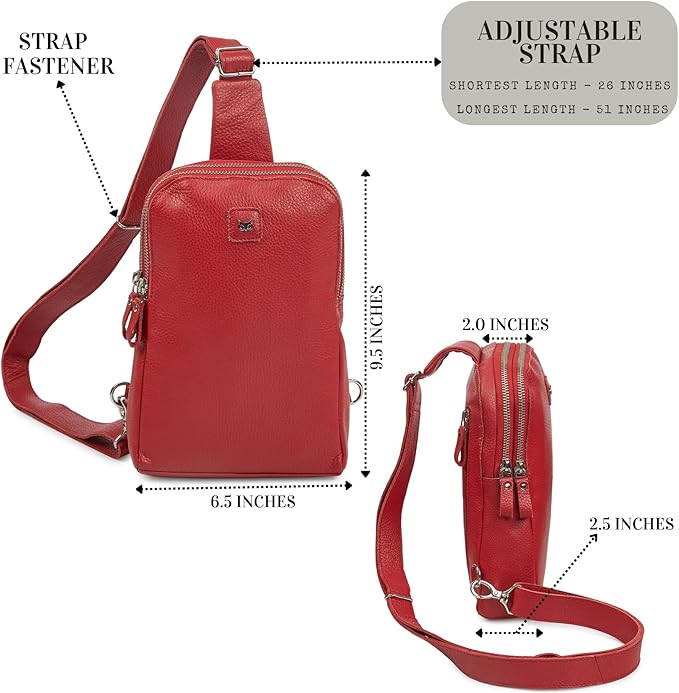 Leather Sling Bag for Women Genuine Crossbody Purse Small Trendy Cross Over Chest with Phone and Credit Card Slots (Red Nappa)