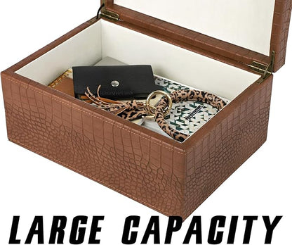 HofferRuffer Faux Leather Decorative Box, Large Wooden Structure Keepsake Box Accessory Organizer Jewelry Organizer with Hinged Lid, Storage Container for Home or Office (CrocoBrown)