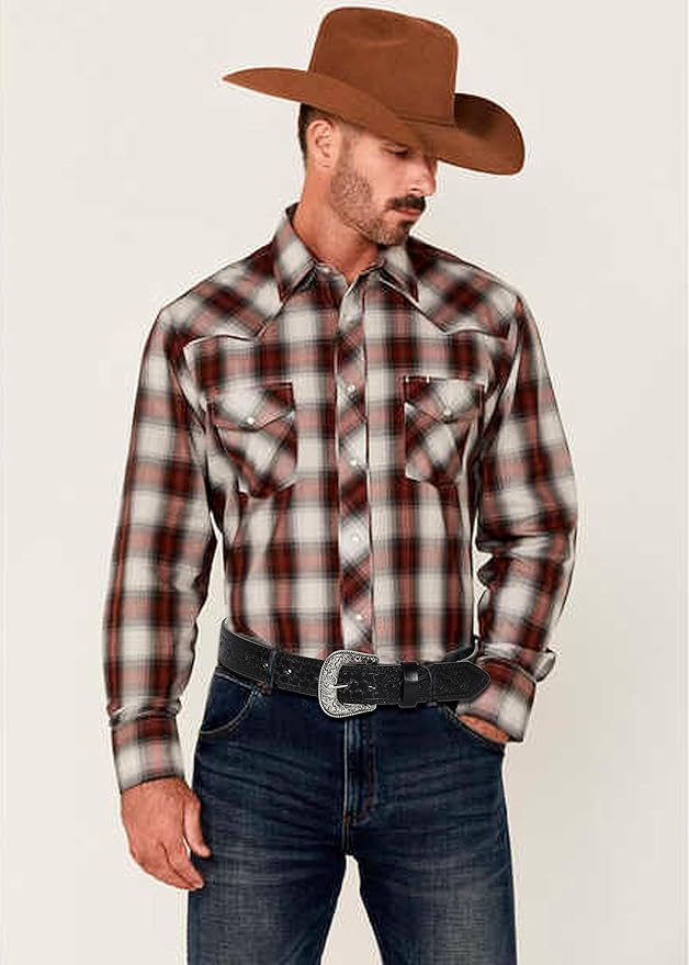 Mealah Vintage Western-Cowboy-Belt for Women Men - Carved Buckle PU Leather Waist Belts (for Waist 28"-38")
