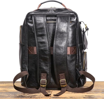 Vintage Genuine Leather 15.6" Laptop Backpack For Men Cowhide Hiking Camping Rucksack Business Travel Daypacks (Black)