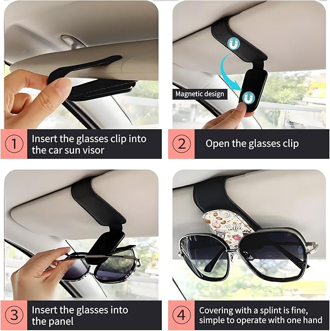 Sunglasses Holder for Car Visor, PU Leather Glasses Clip Organizer, Cute Magnetic Eyeglass Holder for Vehicle Sun Visor, Car Interior Accessory for Women & Men Coffee Bean Pattern