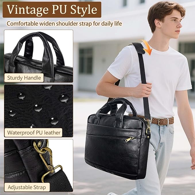 Faux Leather Messenger Bag for Men 17-17.3 Inch: Laptop Bag Briefcase Computer Handbags Shoulder Crossbody Bag with Padded Laptop Sleeve for Work College Travel, PU Black