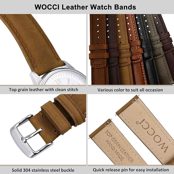 WOCCI Quick Release Watch Band, Distressed Genuine Leather, Stainless Steel Buckle, Strap Width 18mm 19mm 20mm 22mm 24mm