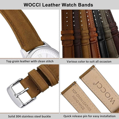WOCCI Quick Release Watch Band, Distressed Genuine Leather, Stainless Steel Buckle, Strap Width 18mm 19mm 20mm 22mm 24mm