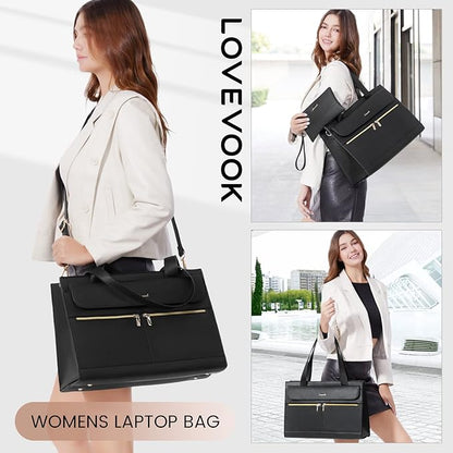 LOVEVOOK Laptop Tote for Women - 15.6 Inch Professional PU Leather Computer Briefcase, Waterproof Handbag, Large Capacity Business Teacher Office Bag, Crossbody Purse - Black