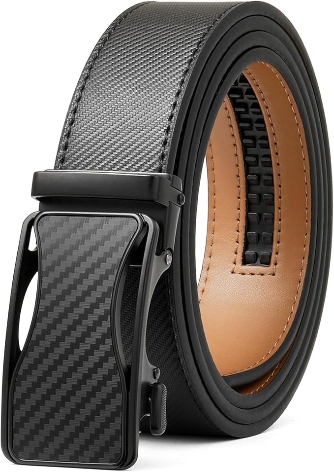 SENDEFN Men's Leather Belt - Automatic Ratchet Slide Buckle, Easy Trim-to-Fit Function, Packaged with Gift Box