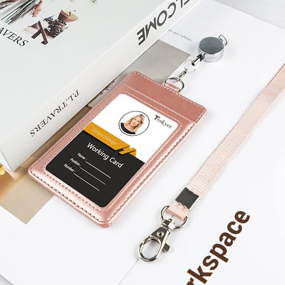 Teskyer Leather Badge Holder with Lanyard and Badge Reel, Retractable Lanyard ID Card Holder for Office School Name Work IDs, Rose Gold