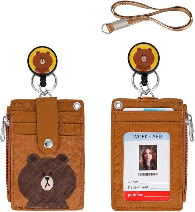 【2025 Latest】Cute Badge Holder Retractable Lanyard Reel Clip with Heavy Duty Carabiner, 1 Clear ID Window, and 4 Card Slots in 2 Sided for Students Teens Boys Girls Women (01 Brown Bear)