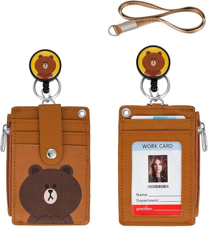 【2025 Latest】Cute Badge Holder Retractable Lanyard Reel Clip with Heavy Duty Carabiner, 1 Clear ID Window, and 4 Card Slots in 2 Sided for Students Teens Boys Girls Women (01 Brown Bear)