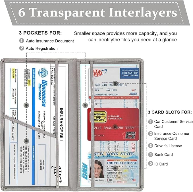 Car Accessories Registration and Insurance Holder,Leather Essential Card Magnetic Shut Vehicle Glove Box Organizer Case for Auto Driver License Document Truck Motorcycle Boat-Grey
