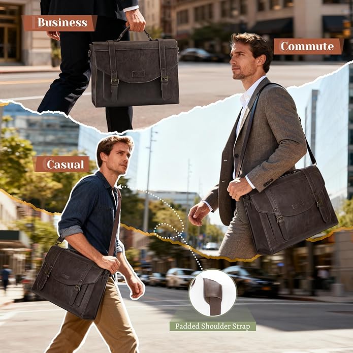 RAINSMORE Flap Messenger Bag for Men Vintage PU Leather Laptop Bag 15.6 Inch Retro Briefcase with Wallet Satchel Computer Bag