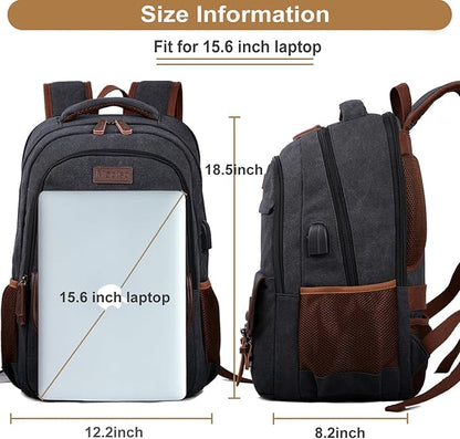 Mactso Canvas Travel Laptop Backpack for Men Women, Business Work Rucksack College School Computer Bag Fits 15.6 Inch Notebook,Bookbag with USB Charging Port (Black, 15.6 Inch)