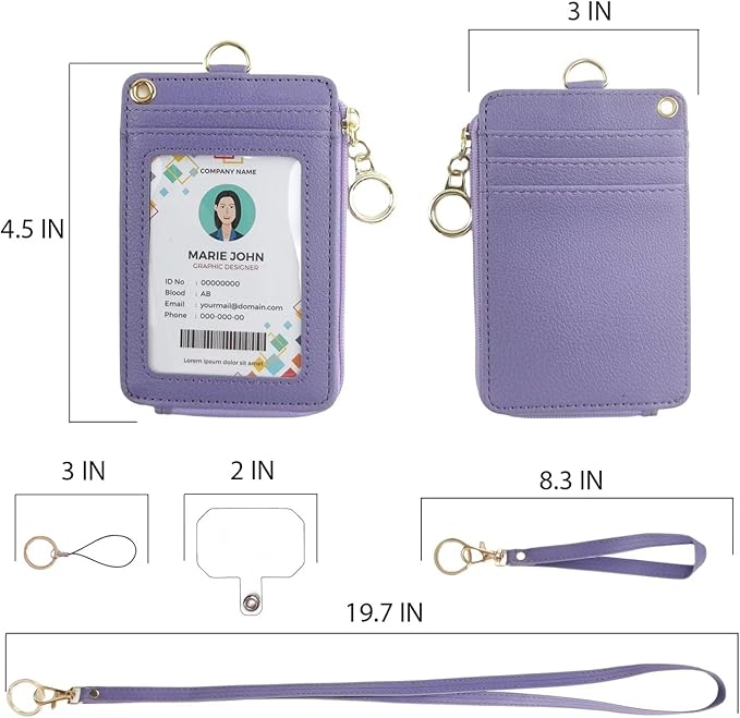 bolimoss Purple Badge Holder with Zipper Lanyard, PU Leather ID Badge Card Holder Wallet with 4 Card Slots, 1 Clear ID Window,1 Case Slot, Detachable Wrist & Long Neck Lanyard,Keychain,Phone Holder
