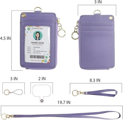bolimoss Purple Badge Holder with Zipper Lanyard, PU Leather ID Badge Card Holder Wallet with 4 Card Slots, 1 Clear ID Window,1 Case Slot, Detachable Wrist & Long Neck Lanyard,Keychain,Phone Holder