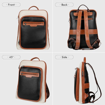 Leather Laptop Backpack, Women and Men Backpack Travel Business Work College Water Resistant Anti Theft Daypack Large fits for 15.6 inch Notebook Computer bag, Black+ Off White…