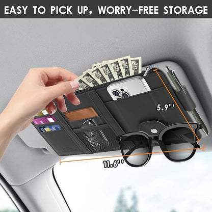 Car Sun Visor Organizer, Leather Pocket Organizer Sunglass Holder for Car Interior Accessories with Multi-Pocket Net Zipper, Black