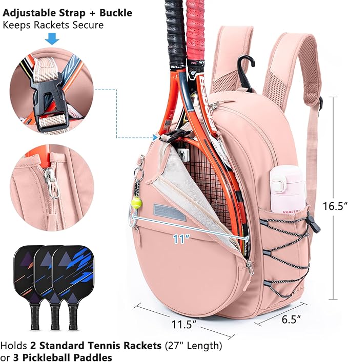 Tennis Backpack with 2 Rackets Holder, Water-Resistant PU Leather Tennis Racket Bag for Women & Men, Sling Crossbody Sports Backpack for Tennis, Pickleball & Badminton, Tennis Gifts