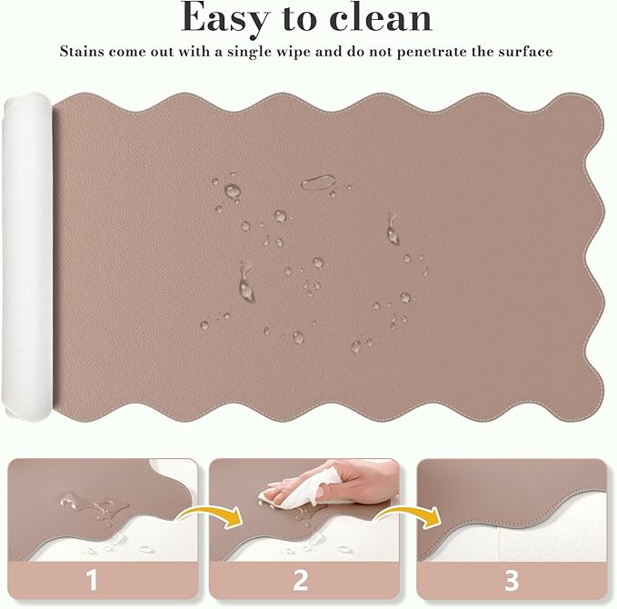 iCasso Leather Desk Pad,Extra Large Mouse Pad for Laptop,Waterproof PU Nail Table Mat,Cute Scalloped Keyboard Mats for Women Girl,Non-Slip Desk Cover Mat for Office Home School