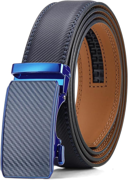 SENDEFN Leather Belt for Men Automatic Ratchet Buckle Slide Dress Casual Belts 1 3/8'' Wide Adjustable Trim to Fit(Black-20)