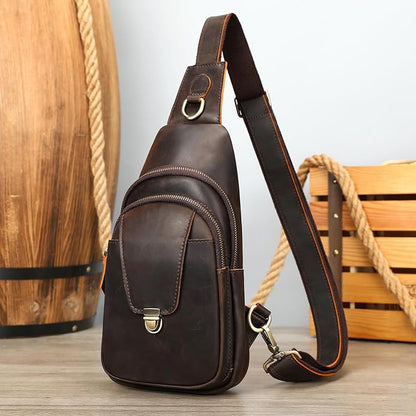 NIUCUNZH Genuine Leather Sling Bag Front Metal-Latch Crossbody Bags Handmade Vintage Chest Shoulder Backpack for Women Men