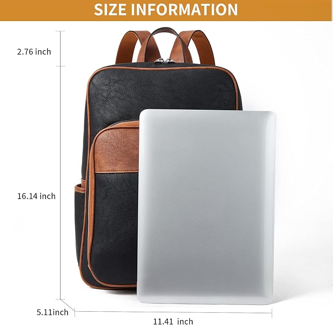 Telena Leather Laptop Backpack for Women Business Casual College Bags Black-Brown
