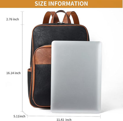 Telena Leather Laptop Backpack for Women Business Casual College Bags Black-Brown