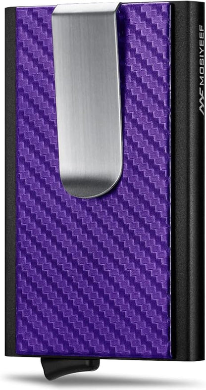 MOSIYEEF Slim Leather Card Holder RFID Wallet for Men - Minimalist Pop Up Men Wallet with Money Clip-wrapped Compact Carbon Fiber Wallet for 6 Credit Cards - Gifts for Him, Lilac Purple