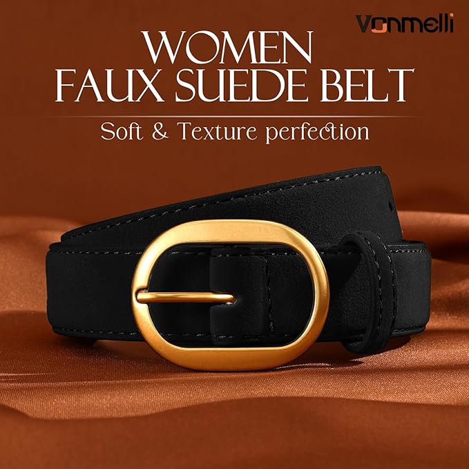VONMELLI Faux Women's Suede Belt for Jeans Dresses Ladies Leather Belt with Vintage Gold Buckle