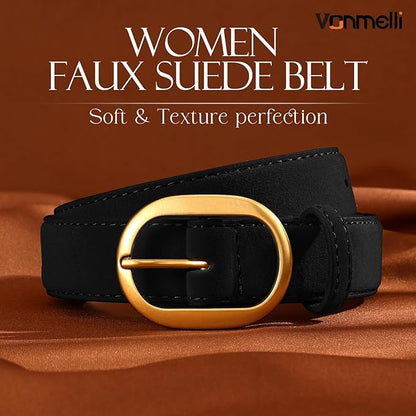 VONMELLI Faux Women's Suede Belt for Jeans Dresses Ladies Leather Belt with Vintage Gold Buckle