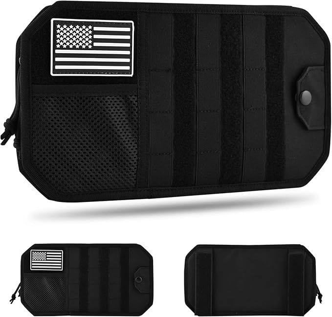 Car Sun Visor Organizer with Zipper Storage Pouch & Glasses Clip – Semi-Rigid MOLLE Panel with Patch – Universal Fit for Vehicles, SUVs, Trucks(Black)