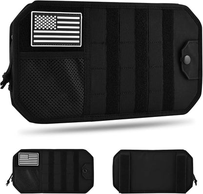 Car Sun Visor Organizer with Zipper Storage Pouch & Glasses Clip – Semi-Rigid MOLLE Panel with Patch – Universal Fit for Vehicles, SUVs, Trucks(Black)